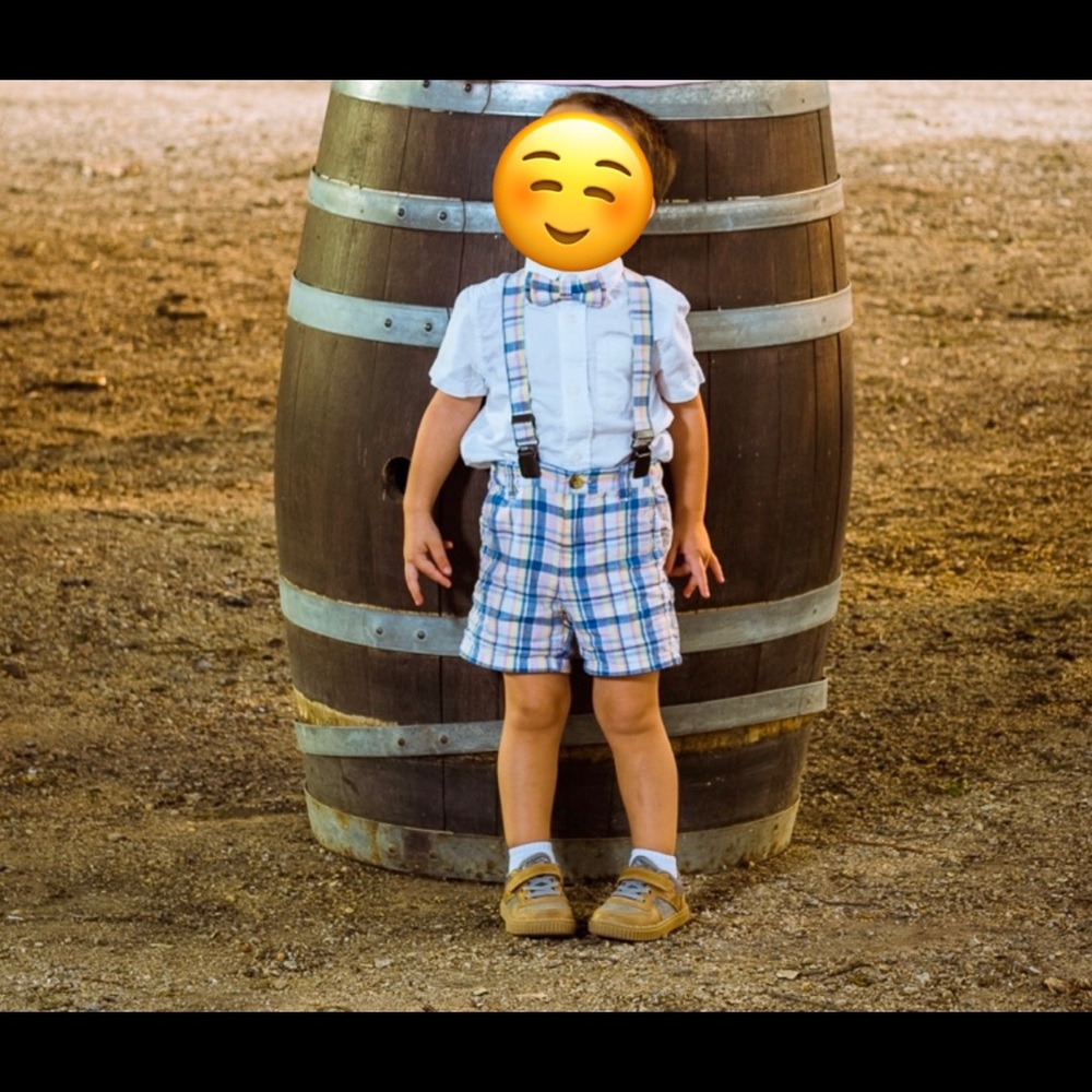 Janie & Jack boys plaid shorts, suspenders, bow tie